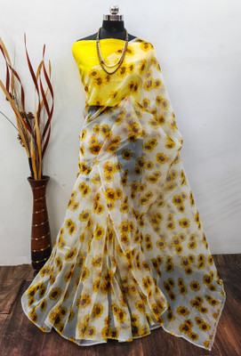 ramiv vastra Digital Print Bollywood Organza Saree(White)