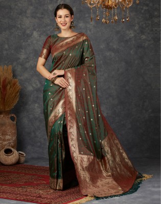 Satrani Woven, Self Design Banarasi Silk Blend Saree(Dark Green, Maroon, Gold)