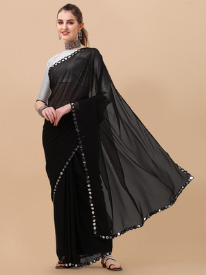 Sangria Solid/Plain Daily Wear Georgette Saree(Black)