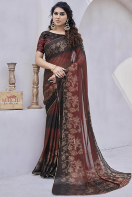 MIRCHI FASHION Printed, Floral Print Daily Wear Chiffon Saree(Maroon, Black)