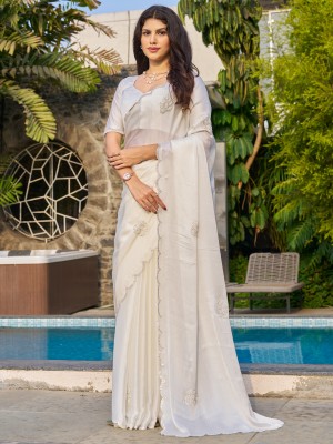 Sareemall Solid/Plain, Embellished Bollywood Chiffon Saree(White)