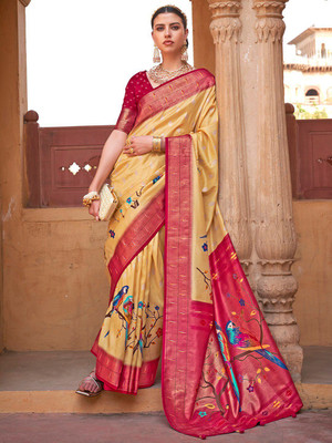 ANOUK Printed Banarasi Silk Blend Saree(Yellow)