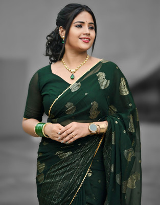 Samah Printed Bollywood Georgette, Chiffon Saree(Dark Green, Gold)