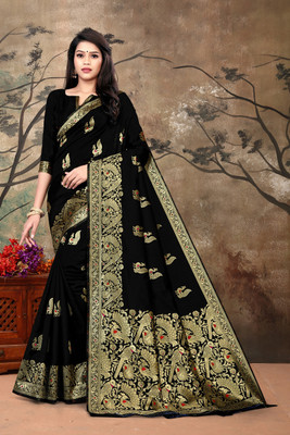 VARNI DESIGNER HUB Self Design Kanjivaram Silk Blend Saree(Black)