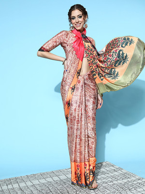 Divastri Digital Print Kalamkari Crepe Saree(Beige)