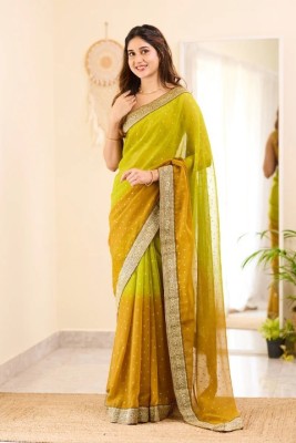 VISVASTA Embellished, Applique, Self Design, Woven, Printed, Floral Print Banarasi Georgette, Lace Saree(Mustard)