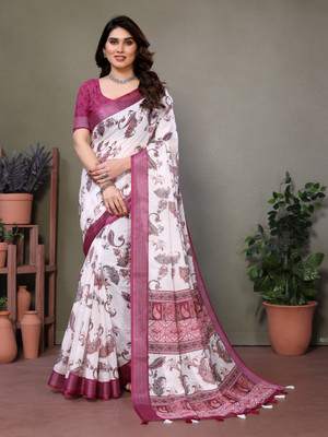 YuvanshCreation Floral Print Bollywood Cotton Linen Saree(Red)