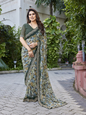TTH Floral Print Bollywood Georgette Saree(Dark Green, Yellow, Green)