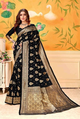 Amrut Collection Woven Banarasi Silk Blend Saree(Black)