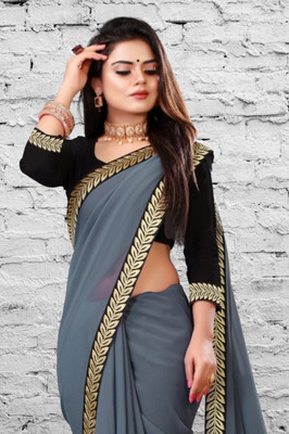 helly creation Embroidered Bollywood Georgette Saree(Grey)