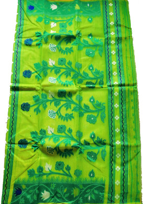 THE BULL Embroidered, Woven Jamdani Cotton Silk Saree(Multicolor, Green, Yellow)