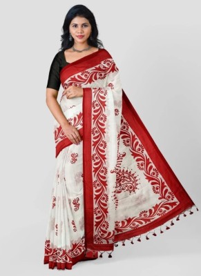 matri textile Printed Handloom Pure Cotton Saree(White)