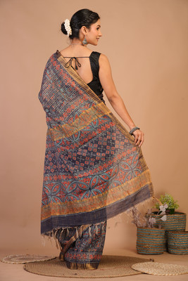 Anuttara Printed Saree with Attached Blouse Cotton Silk Saree(Dark Blue)