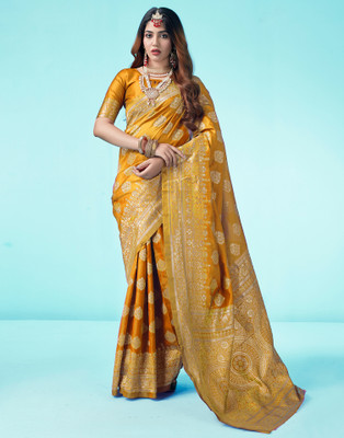Samah Woven, Embellished, Self Design Banarasi Silk Blend Saree(Yellow, Gold)
