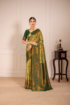 yourwish Woven, Embellished Banarasi Pure Silk, Raw Silk Saree(Green)