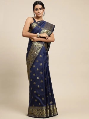 KHANJAN FASHION Graphic Print, Self Design, Woven Assam Silk Pure Silk, Jacquard Saree(Dark Blue)
