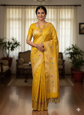 DUDHANE TRADING CORPORATION Self Design, Woven, Floral Print Banarasi Silk Blend Saree(Yellow)