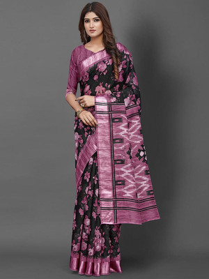 Anouk Rustic Printed Hand Batik Cotton Blend Saree(Black)