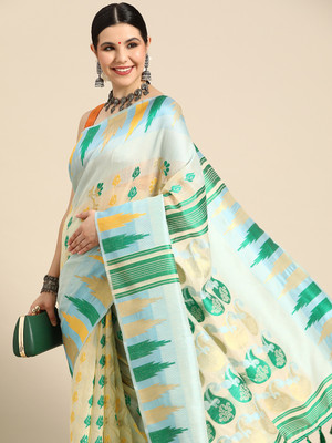 SILK ZONE Woven Jamdani Pure Cotton Saree(Blue)