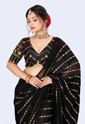 RamKrupa Creation Embroidered Leheria Georgette Saree(Black)