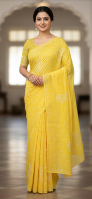 RIDDHI Embroidered Daily Wear Cotton Blend Saree(Yellow)
