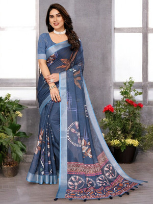 HIYAMI Printed Bandhani Cotton Linen Saree(Dark Blue)