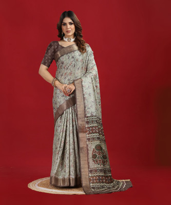 nirmal creation Floral Print Bollywood Cotton Blend Saree(Beige)