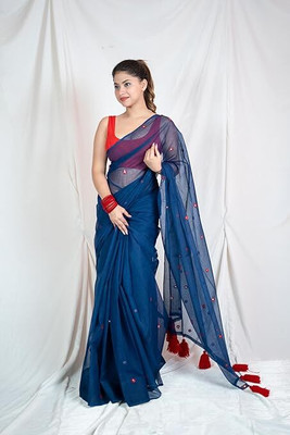 The Raksha Store Solid/Plain Daily Wear Cotton Blend Saree(Blue)