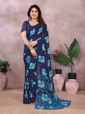 Anand Sarees Floral Print Daily Wear Georgette Saree(Dark Blue, Light Blue)