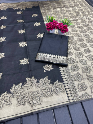 MM VENTURE Self Design Venkatagiri Silk Blend Saree(Black)