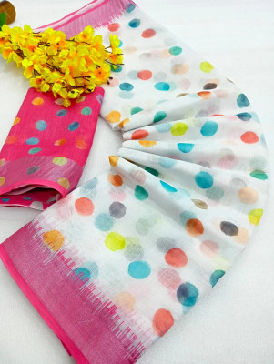 HouseOfCommon Printed Kanjivaram Cotton Linen, Linen Saree(White, Pink)