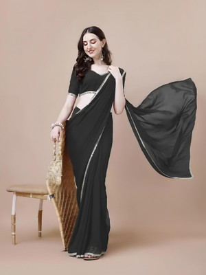 Ganesh Fashion Solid/Plain Bollywood Georgette Saree(Black)