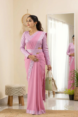 Aplihub Self Design Baluchari Georgette Saree(Pink)