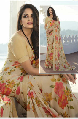 MEETVIN COUTURE Printed, Floral Print, Hand Painted, Graphic Print, Digital Print, Self Design Bollywood Chiffon, Georgette Saree(Cream)