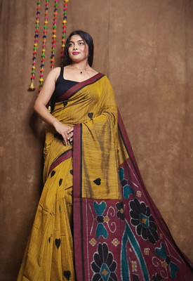 ANU INDIAN FASHION Woven Handloom Cotton Blend Saree(Yellow)