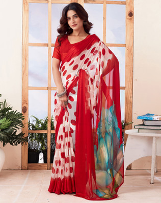 SIRIL Printed, Striped Daily Wear Georgette Saree(Red, White)