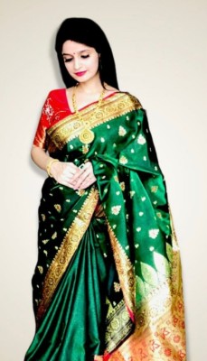 Ansari Fabrics Printed Banarasi Satin Saree(Green)