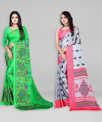 Leelavati Printed Bollywood Crepe Saree(Pack of 2, Green, Grey)