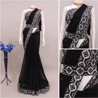 PRETTYAGE Digital Print Banarasi Georgette Saree(Black)