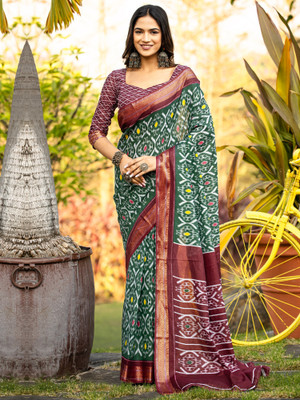 Anouk Rustic Printed Ikkat Cotton Blend Saree(Green)
