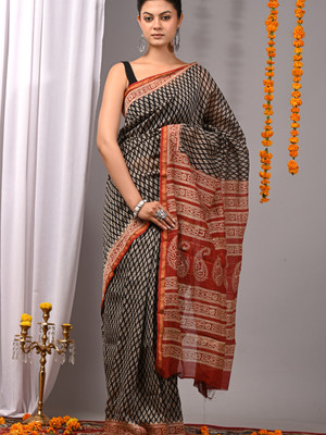Taavi Blocked Printed Chanderi Cotton Blend Saree(Black)