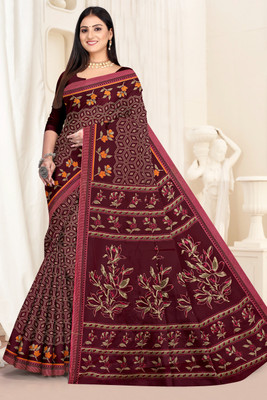Amira sarees Floral Print, Geometric Print, Printed Daily Wear Pure Cotton Saree(Maroon)