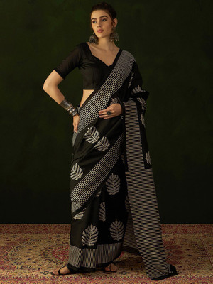 Sangria Printed Daily Wear Silk Blend Saree(Black)