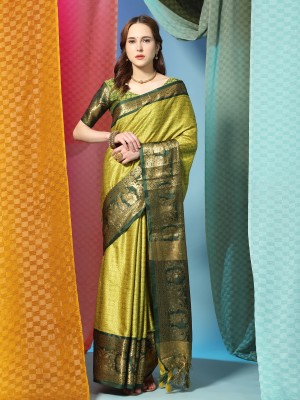 ZILVIRA Self Design Kanjivaram Jacquard, Art Silk Saree(Yellow, Green)