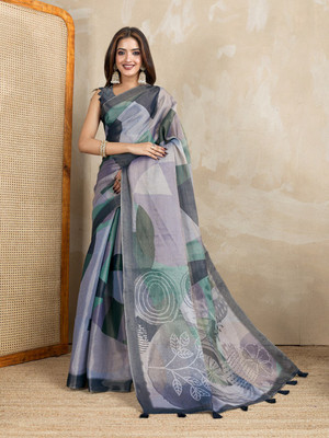 Laxmi Fashion Printed, Floral Print Assam Silk Jacquard, Cotton Silk Saree(Grey)