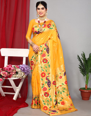 Samah Woven, Embellished, Self Design Paithani Silk Blend, Jacquard Saree(Yellow, Multicolor)