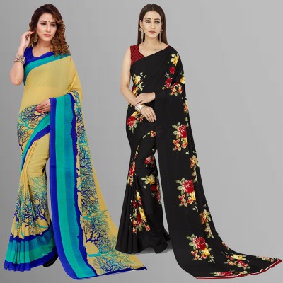 Anand Sarees Floral Print Daily Wear Georgette Saree(Pack of 2, Beige, Green, Multicolor)