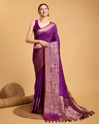 JIADIA Woven Kanjivaram Pure Silk Saree(Purple)