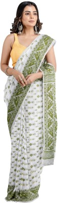 Oishani Saree Ghor Self Design Jamdani Cotton Silk Saree(White, Green)