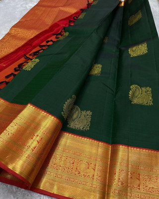 MIRMAN Striped Banarasi Pure Silk Saree(Green)